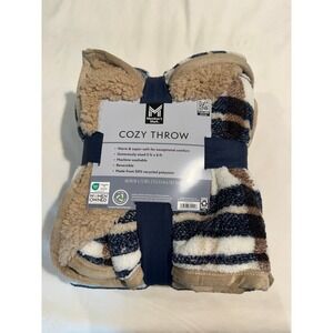 Member's Mark Cozy Throw Reversible Sherpa Blanket Blue Tan Striped 60x72 New
